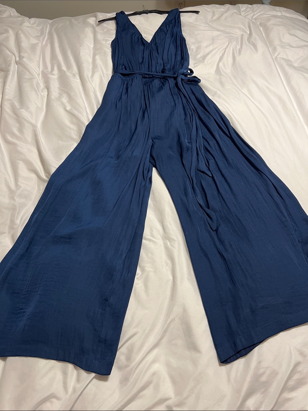 Naked Zebra Deep Surplice Navy V-Neck Wide Leg Jumpsuit with Waist Tie